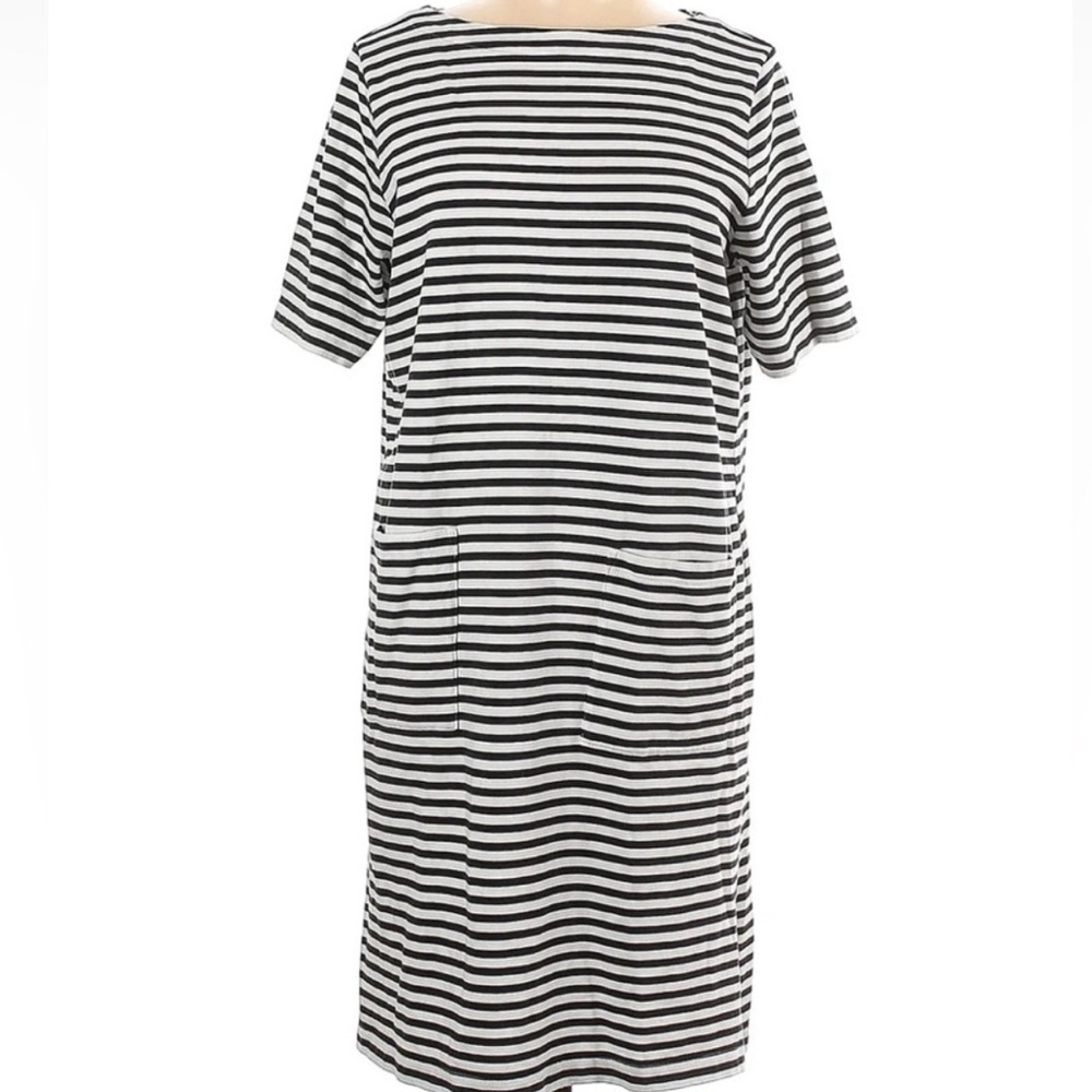 J Jill black and white striped sheath dress L with pockets